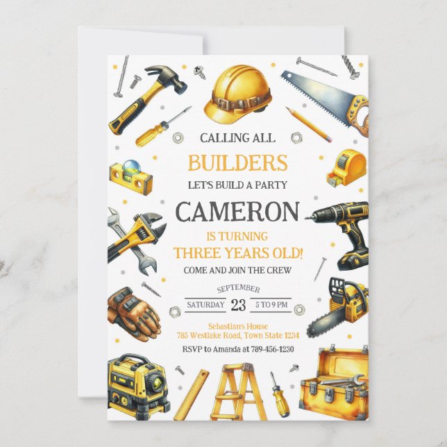 Calling All Builders Construction Tools Birthday Invitation (Front)