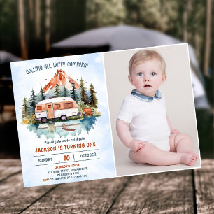 Calling All Campers 1st Birthday Camping Photo Invitation
