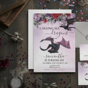Calling All Dragons Girl's Birthday Purple flower  Invitation