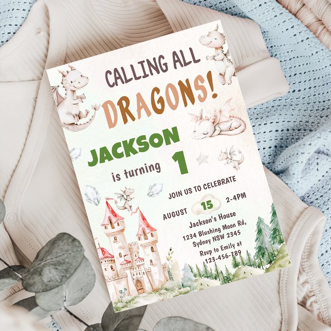 Calling All Dragons Watercolor 1st Birthday  Invitation (Creator Uploaded)