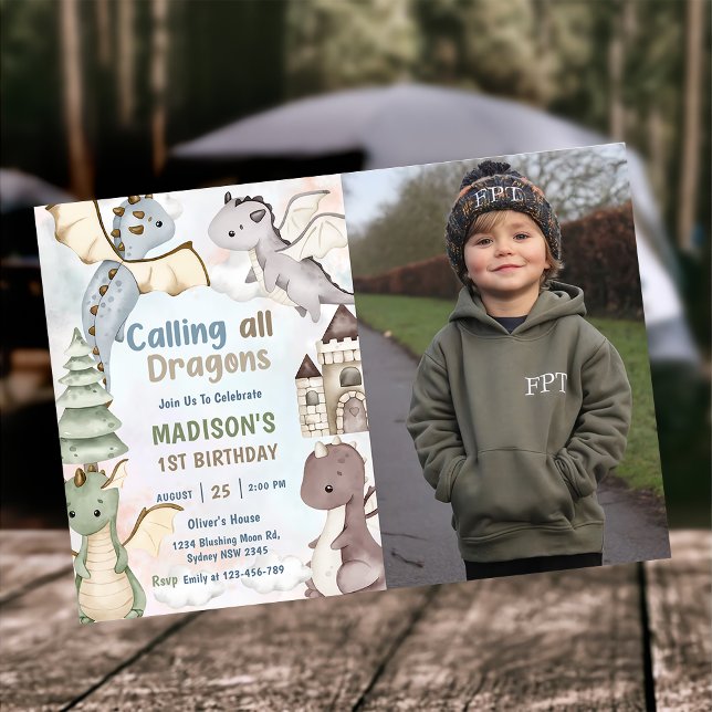 Calling All Dragons Watercolor 1st Birthday Photo  Invitation (Creator Uploaded)