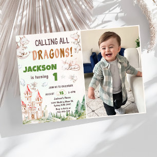 Calling All Dragons Watercolor 1st Birthday Photo  Invitation