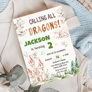 Calling All Dragons Watercolor 2nd Birthday  Invitation