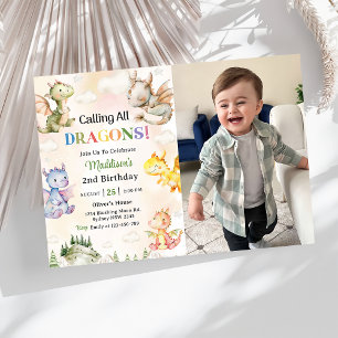 Calling All Dragons Watercolor 2nd Birthday Photo  Invitation