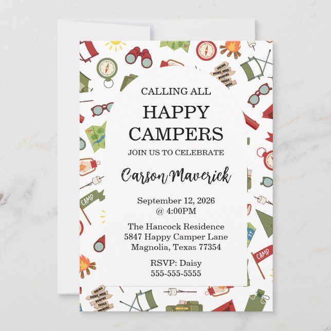 Calling All Happy Campers Kids Birthday Invitation (Front)