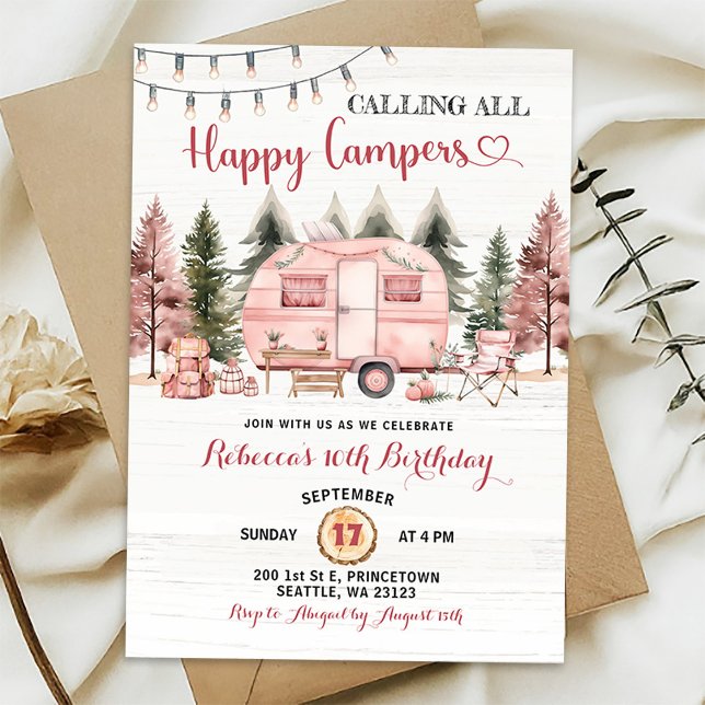 Calling All Happy Campers Pink Camper Van Birthday Invitation (Creator Uploaded)