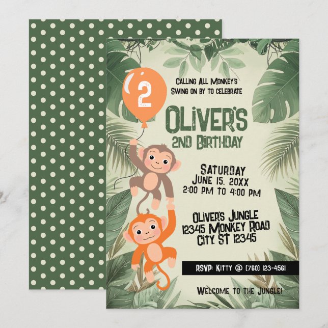 Calling All Monkeys 2nd Birthday Invitation  (Front/Back)
