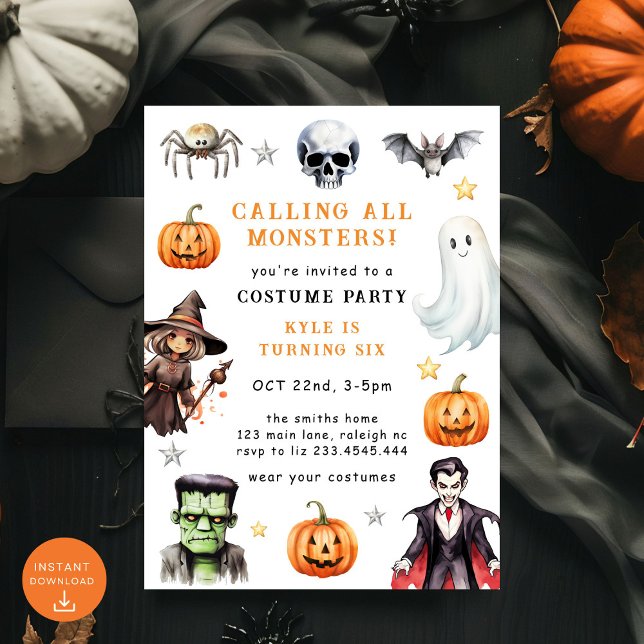 Calling All Monsters Costume Halloween Birthday Invitation (Creator Uploaded)