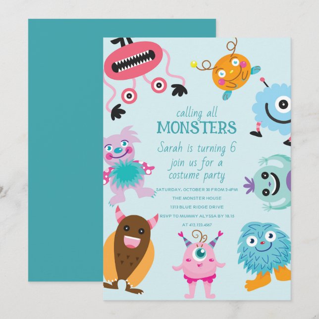 Calling All Monsters Halloween Birthday Invitation (Front/Back)