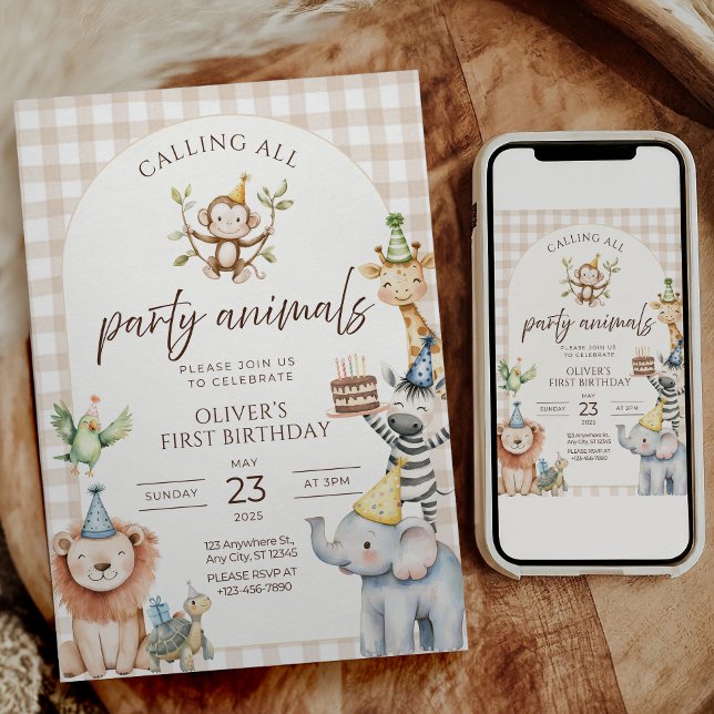 Calling all Party Animals Birthday Invitation  (Wild One first birthday parties
Safari birthday celebrations
Jungle animal themed birthdays
Baby boy)