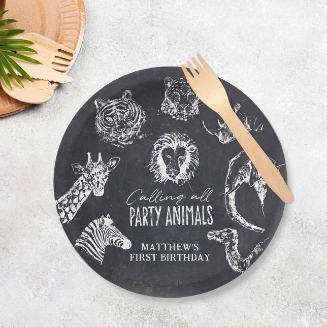 Calling All Party Animals Chalkboard Birthday Paper Plate (Creator Uploaded)