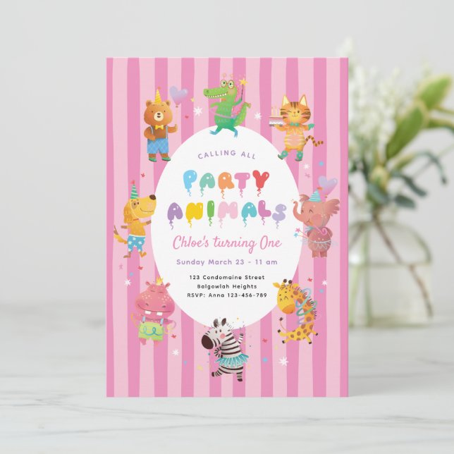 Calling All Party Animals, Cute Animals Girls Pink Invitation (Standing Front)