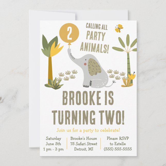 Calling All Party Animals Elephant Safari Birthday Invitation (Front)