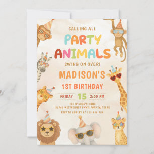 Calling All Party Animals Safari 1st Birthday Invitation