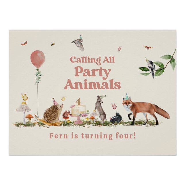 Calling all Party Animals Woodland Pink Birthday Poster (Front)
