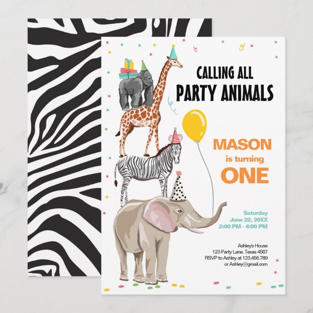 Calling All Party Animals Zoo Wild Boy Birthday Invitation (Front/Back)