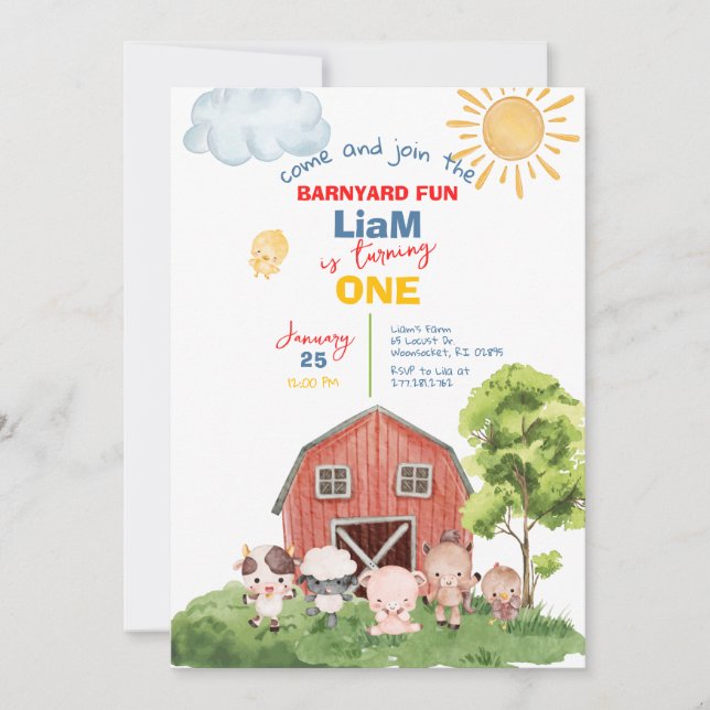 Calling All Party Farm Animals 1st Birthday Invitation (Front)