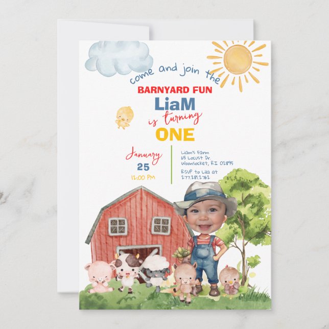 Calling All Party Farm Animals 1st Birthday Photo Invitation (Front)