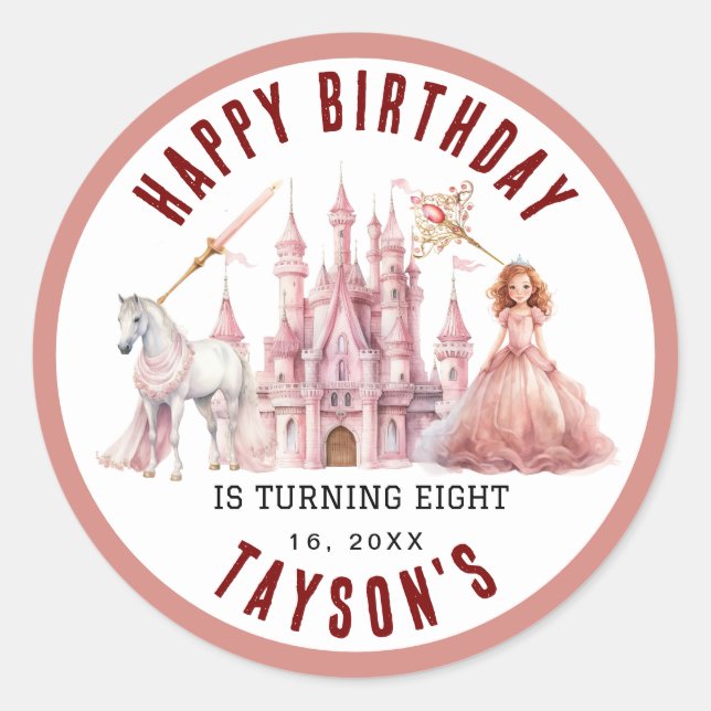 Calling All Princesses Magical Castle 8th Birthday Classic Round Sticker (Front)