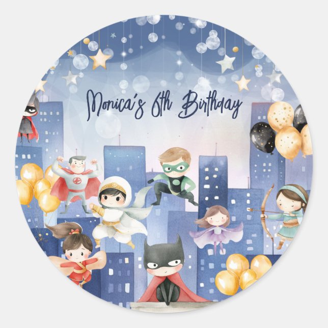 Calling all superheroes kids birthday classic round sticker (Front)
