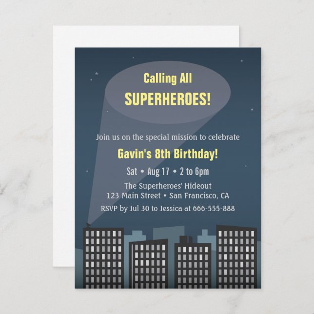 Calling All Superheroes Themed Birthday Party Invitation (Front/Back)