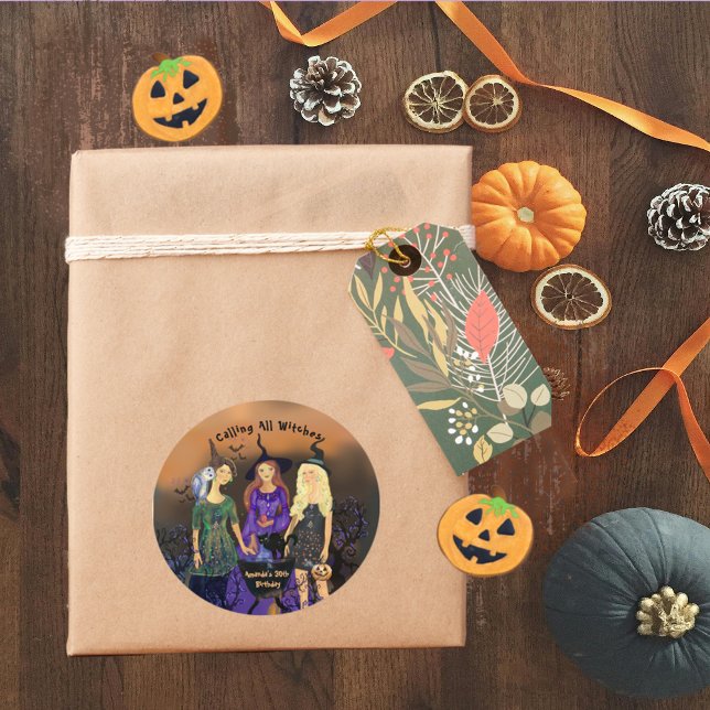 Calling All Witches Halloween Birthday Classic Round Sticker (Calling All Witches Halloween Birthday Classic Round Sticker)