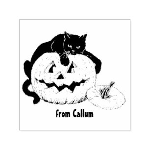 CALLUM ~ HALLOWEEN ~ Vintage Cat Pumpkin drawing ~ Self-inking Stamp