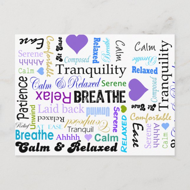 Calm and Relaxing positive words typography Postcard (Front)