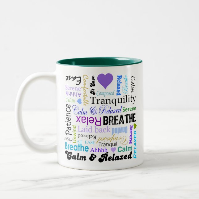 Calm and Relaxing positive words typography Two-Tone Coffee Mug (Left)