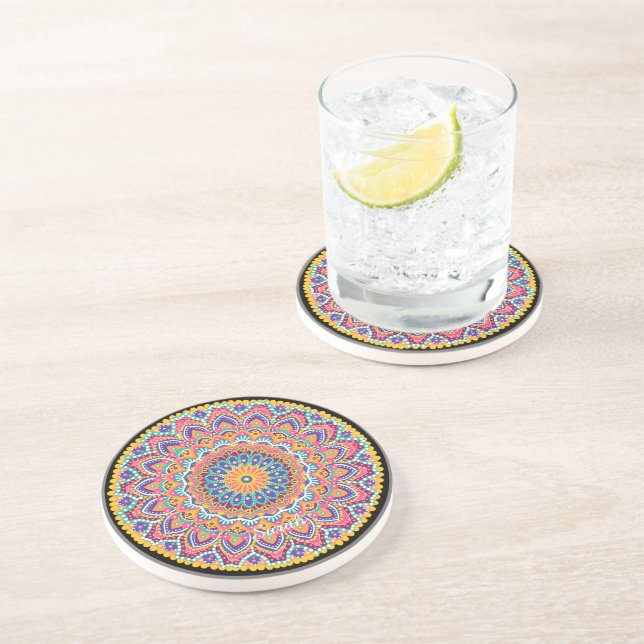 Calm Beautiful Colourful Floral Mandala Coaster (Side)
