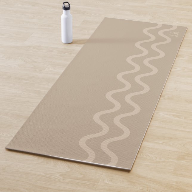 Calm Beige Modern Minimal Wavy Lines With Initials Yoga Mat (In Situ)