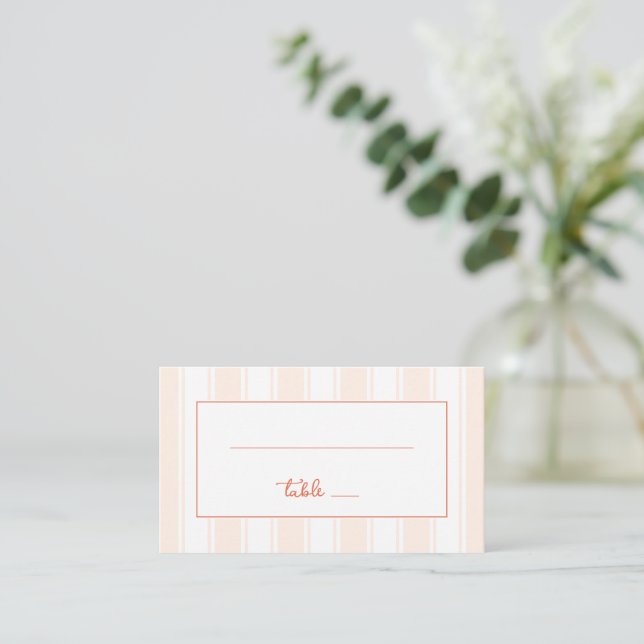 Calm Beige Stripes with Peach Calligraphy Place Card (Standing Front)