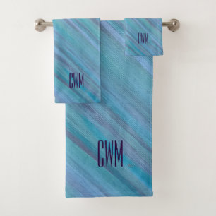 Calm Blue Abstract   Cool Turquoise Aqua Monogram Bath Towel Set