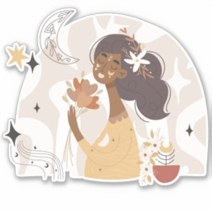 Calm brown skinned boho woman flowers moon stars