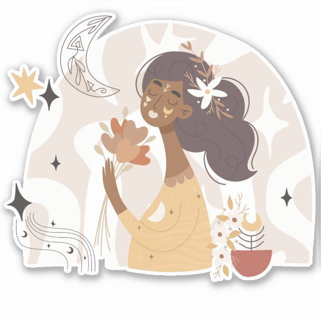 Calm brown skinned boho woman flowers moon stars (Front)
