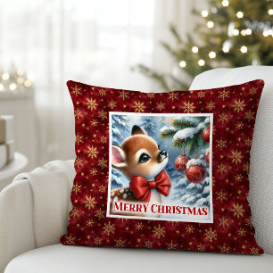 Calm Christmas scene baby fawn snowy forest kids  Throw Pillow