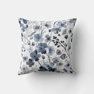 Calm Cottagecore Indigo Blue Floral Pattern Design Throw Pillow