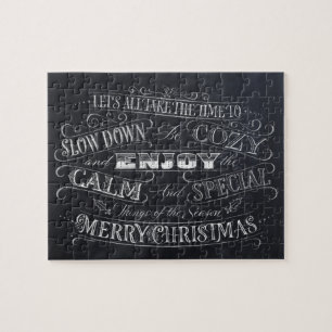 Calm + Cozy Merry Christmas Chalkboard Calligraphy Jigsaw Puzzle