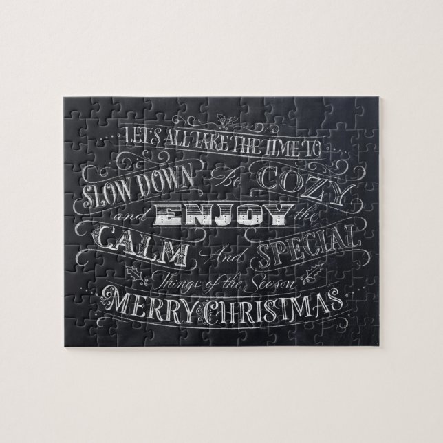 Calm + Cozy Merry Christmas Chalkboard Calligraphy Jigsaw Puzzle (Horizontal)