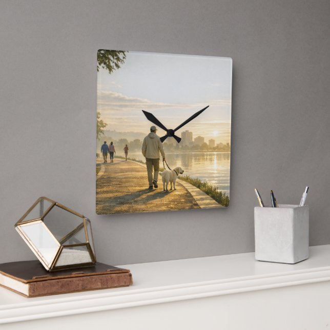 Calm Dog Walk Square Acrylic Veterinary Wall Clock (Office)