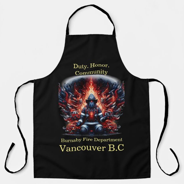 Calm firefighter among flames and trucks apron (Front)