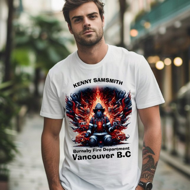 Calm firefighter among flames and trucks T-Shirt (Creator Uploaded)