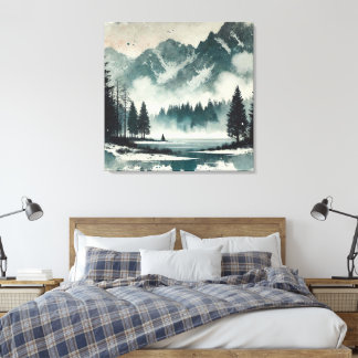 Calm Foggy Lake Landscape with Red Sunset Accent Canvas Print