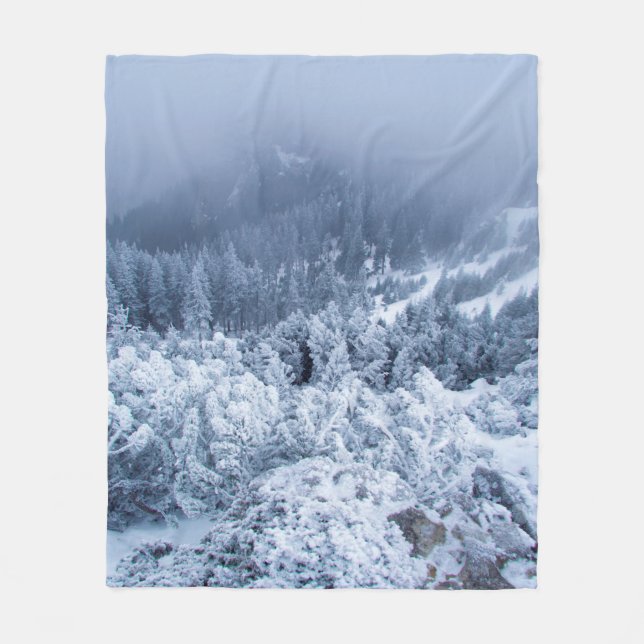 Calm foggy winter day on top of the mountains fleece blanket (Front)