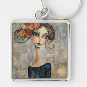 Calm Gaze of an Elegant Blue Eyed Lady Keychain