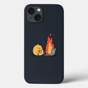Calm in Chaos – Cute Yellow Bird & Fiery Laptop iP iPhone 13 Case