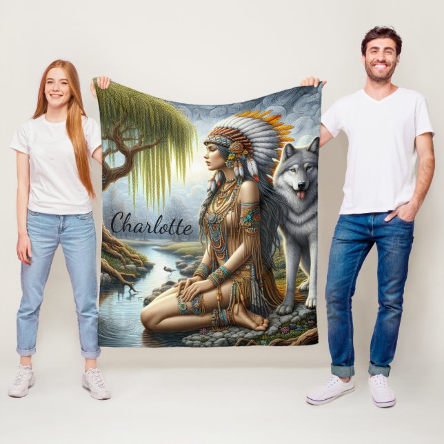 Calm Indian woman with wolf by river Fleece Blanket (In Situ)