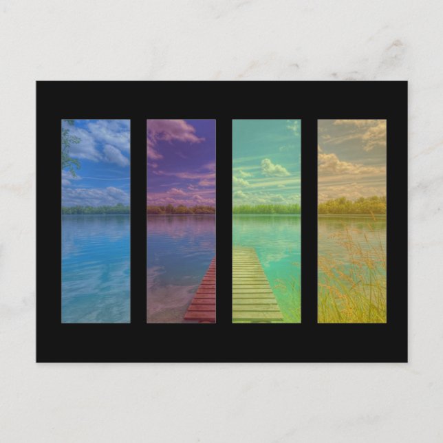 Calm lake scene with a wooden pier landscape postcard (Front)