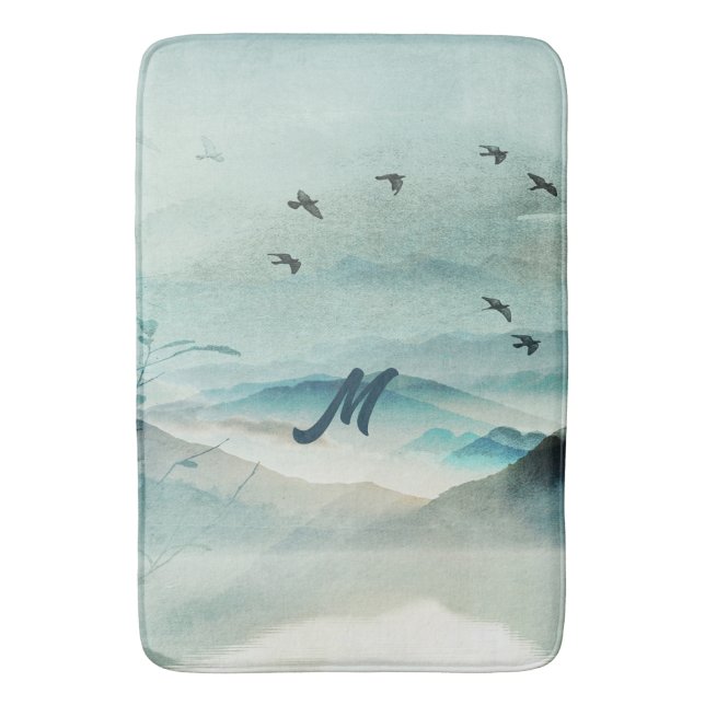 Calm Monogrammed Nature Watercolor Mountain Scene Bath Mat (Front Vertical)