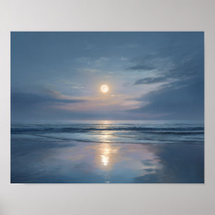 Calm Moon Ocean Wall Art   Minimal Night Seascape